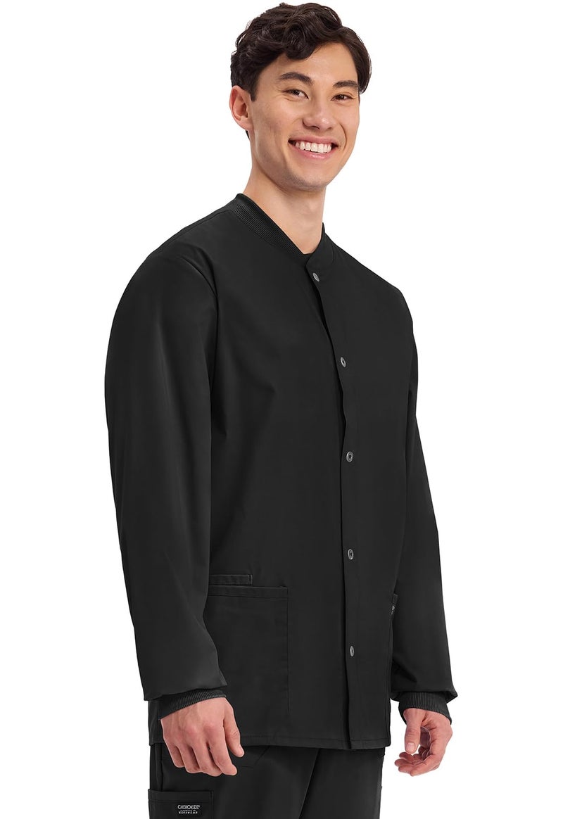 Cherokee Menâ€™s Scrub Jacket Snap Front Medical with 3 Pockets, Knit Cuffs, Soft Fade Resistant 2-Way Stretch - WW360, M, Black - Image 4